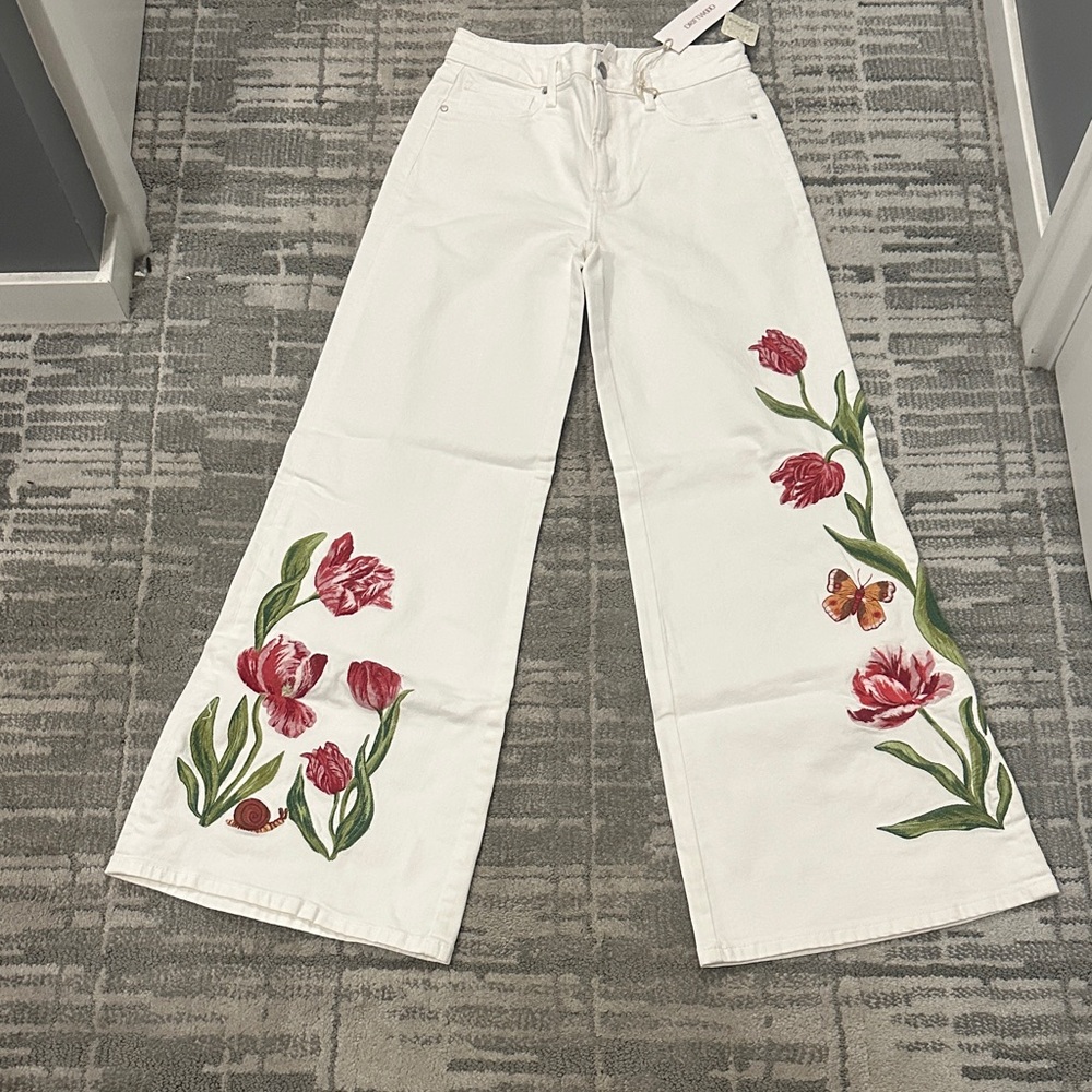 Free People White Wide-Leg Jeans with Red Floral Embroidery - Picture 5 of 5
